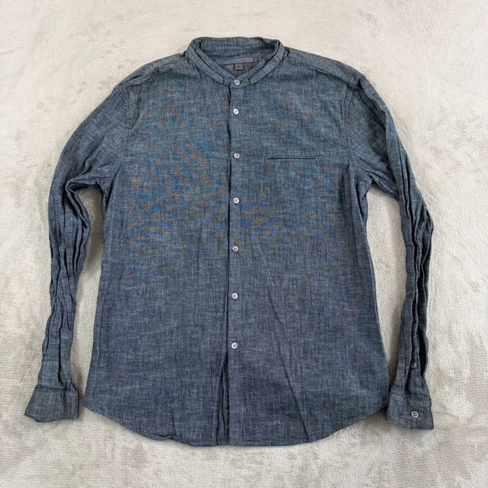 John Varvatos Collection Mandarin Band Collar Shirt in‎ Grey Chambray Men Large